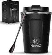 Koffiebeker To Go - Travel mug - Reisbeker voor Koffie - Zwart - RVS & Dubbelwandig - 355ml - Inclusief Roerlepeltje
