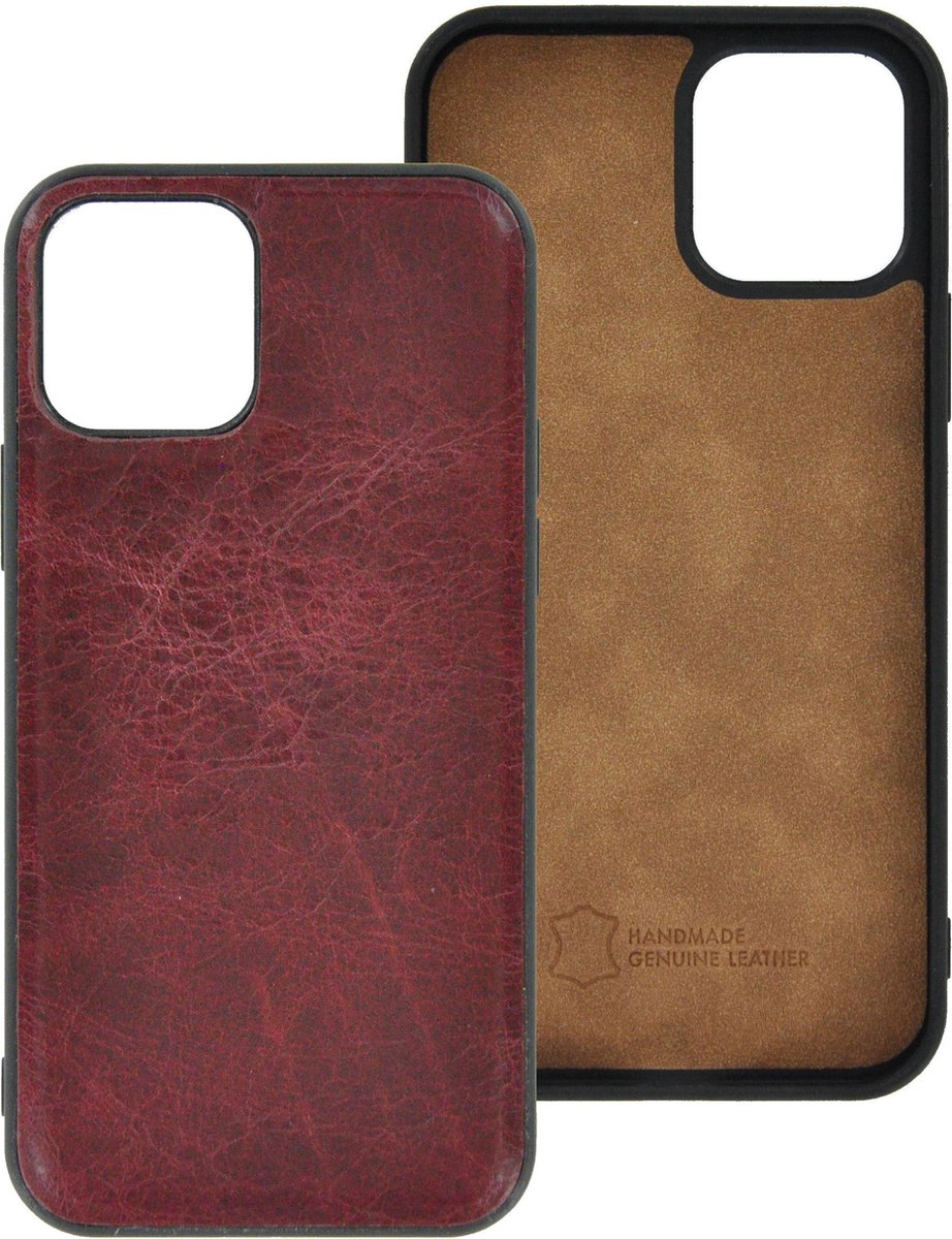 iPhone 12 Hoesje - iPhone 12 hoesje Echt leer Back Cover P Case Bordeaux Rood