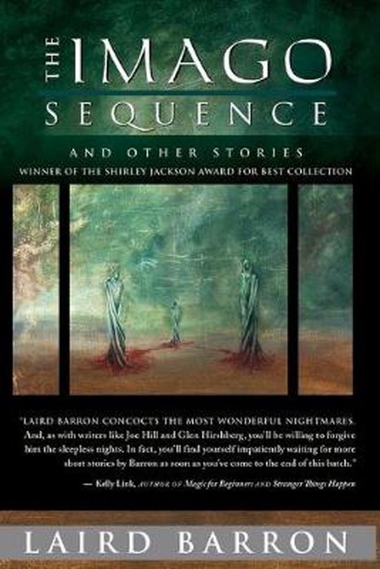 Couverture du livre "The Imago Sequence and Other Stories" avec une peinture de trois silhouettes et du texte de Laird Barron.