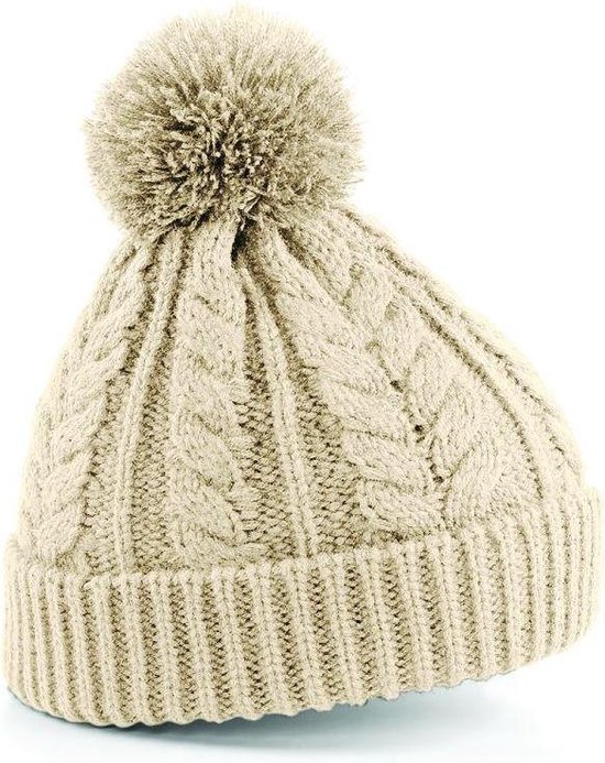 Muts met imitatie bont oatmeal  | winter | cable beanie pompom beanie | oatmeal | koud | sneeuw | let it snow