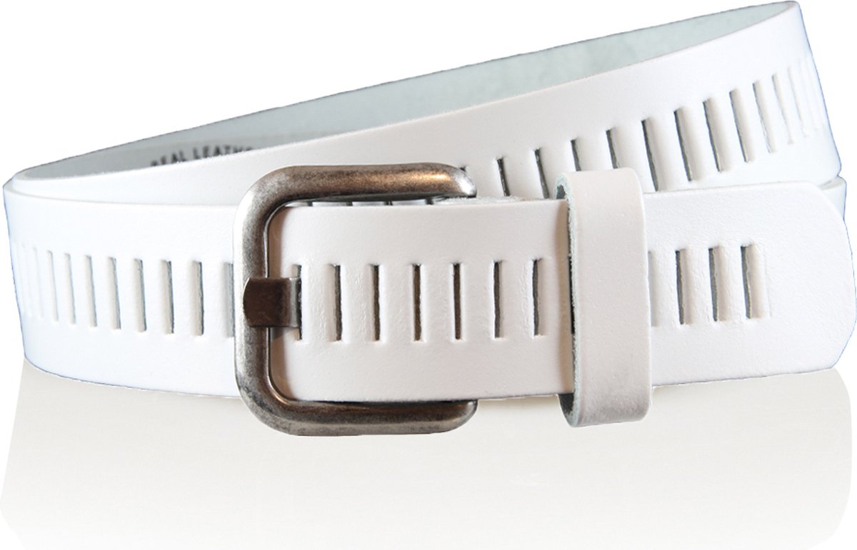 Timbelt Leren Geperforeerde Sleufjesriem Riem voor Dames en Heren - Breedte 4 cm - Sleufjes Riem Echt Leer - wit - Riemmaat 105 - Totale lengte 120 cm