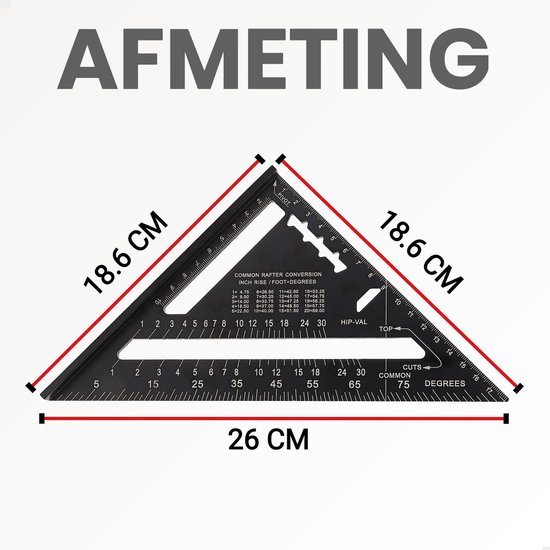 Omnium - Carré - Driehoek métrique - Speed Square - Crochet d'écriture - Crochet de bloc - Crochet à onglet - Triangle de mesure 5 en 1 - Zwart