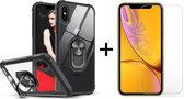 iPhone XR hoesje Kickstand Ring shock proof case transparant zwarte randen magneet - 1x iPhone XR Screenprotector Glas