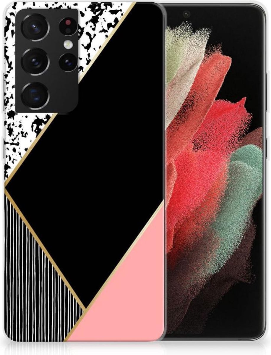 Samsung Galaxy S21 Ultra TPU Hoesje Zwart Roze Vormen
