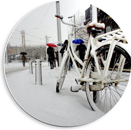 Forex Wandcirkel - Witte Fiets in de Sneeuw - Foto op Wandcirkel (met ophangsysteem)