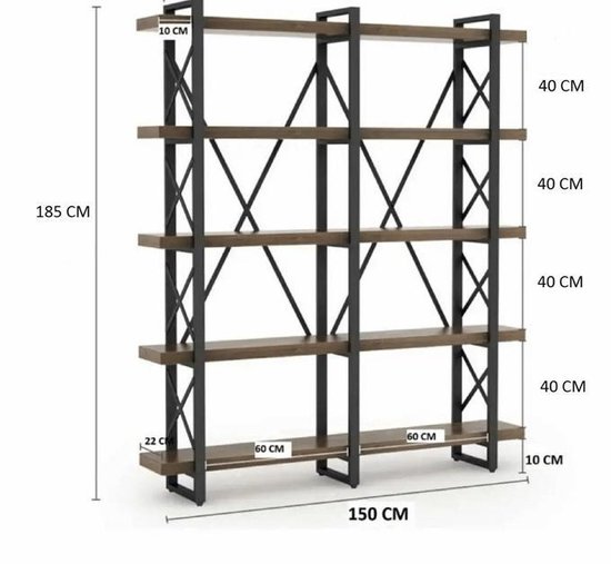 Industrieel Wandkast/Boekenkast /Open vakkenkast met massief hout en Metaal      A1001