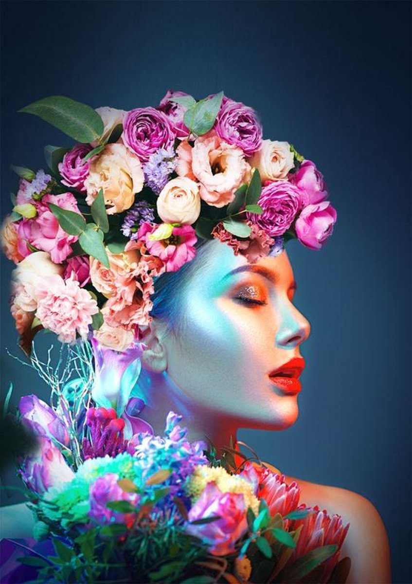 Peinture sur verre Femme aux Fleurs 'Floral' - Visage - Coloré - 120 x 80  cm - Salon /... | bol.com