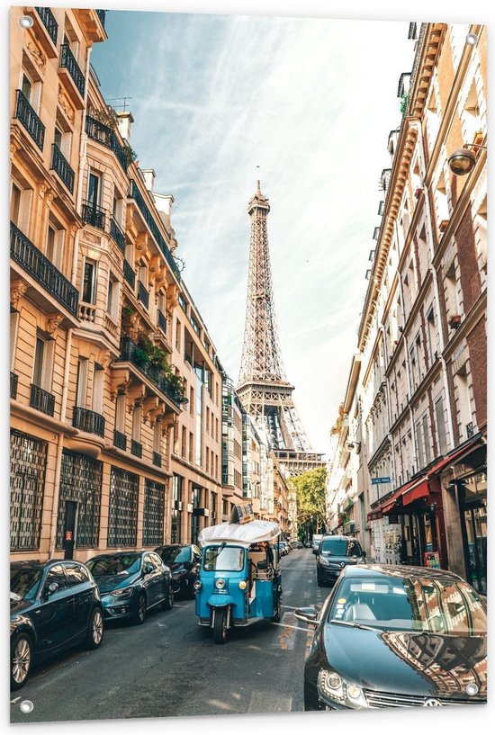 Tuinposter – Voertuigen in de Straat bij de Eiffeltoren - 80x120cm Foto op Tuinposter  (wanddecoratie voor buiten en binnen)