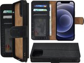 Iphone 12 Pro Hoesje - Bookcase - Iphone 12 Pro Book Case Wallet Echt Leer Croco Zwart Cover
