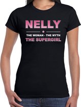 Naam cadeau Nelly - The woman, The myth the supergirl t-shirt zwart - Shirt verjaardag/ moederdag/ pensioen/ geslaagd/ bedankt XS