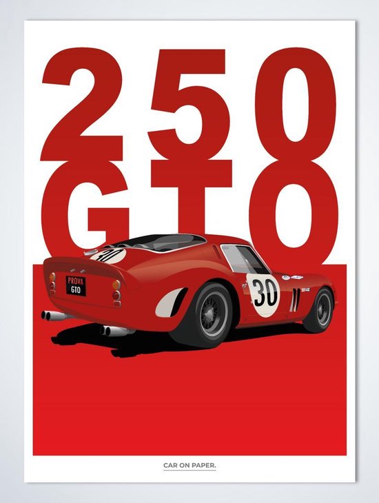 Ferrari 250 GTO Rood op Poster - 50 x 70cm - Auto Poster Kinderkamer / Slaapkamer / Kantoor
