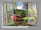 Tuindoek - 130x95 cm - grijs venster vw kever in voorjaar - tuindecoratie - tuinposter - tuin decoratie - tuinposters buiten - tuinschilderij