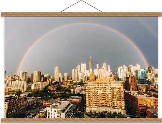 Schoolplaat – Dubbele Regenboog boven Stad - 90x60cm Foto op Textielposter (Wanddecoratie op Schoolplaat)
