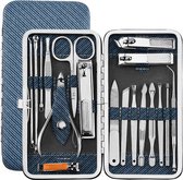 Luxe Manicureset / Pedicureset met Lederen Opbergetui DENIM - 18 Delig - RVS Manicure Set - Pedicure Set