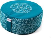 Flowee Meditatiekussen - Rond - Turquoise met geborduurde mandala en print - Yogakussen