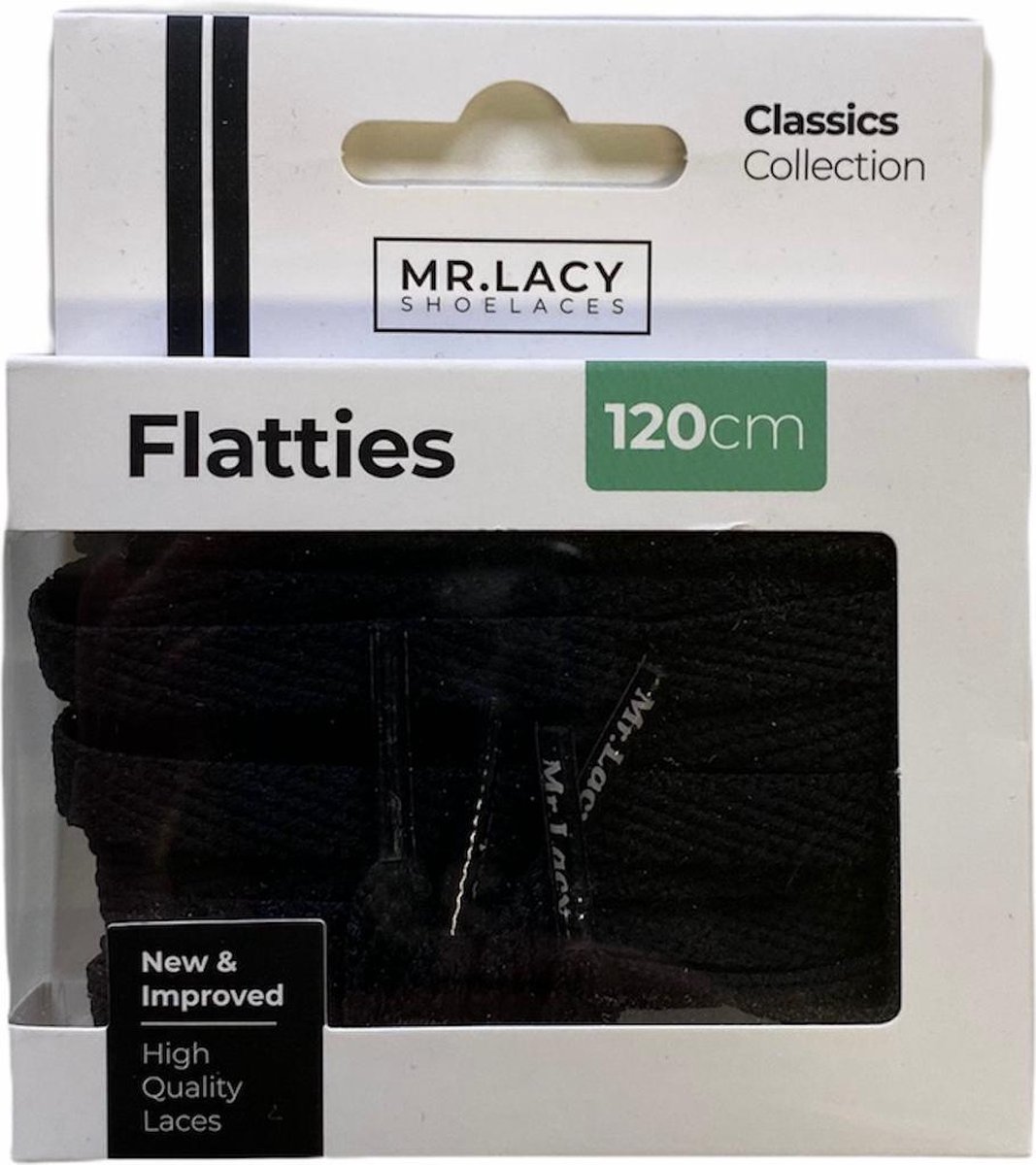 Mr. Lacy schoenveters flatties plat zwart 120 cm lang 8mm breed improved