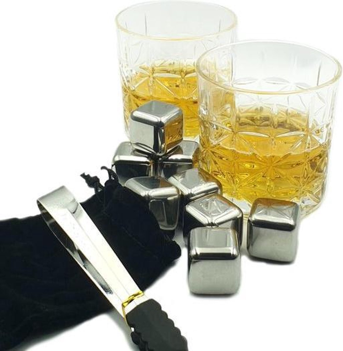 Relaxreus | Luxe whiskey set | 2 Glazen | 8 Whiskey stones | Tang | Fluweel zakje | Whiskey cadeau set | Met stijlvolle houten opbergdoos! | Whisky stenen | Premium wisky set - Relaxreus