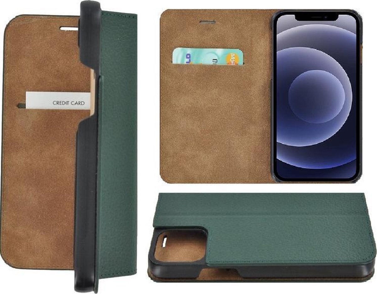 Geschikt voor iPhone 12 hoesje - Bookcase - Portemonnee Hoes Ultra dun Echt leer Wallet case Dennengroen
