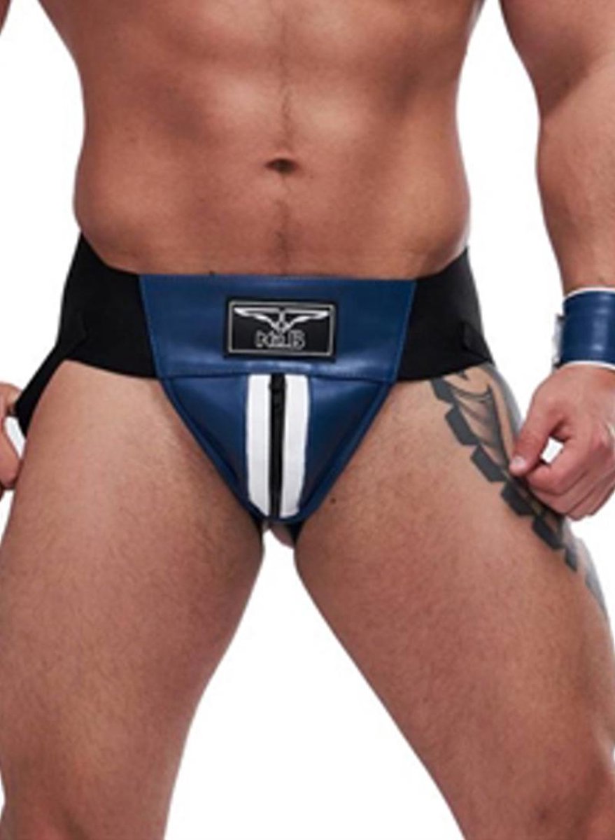 Mister B leren circuit jockstrap blauw met witte bies - medium