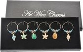 Glasmarker - Art Wine Charms - wijnglasmarkers - cadeau - Wijnglasdecoratie - decoratie voet wijnglas - zee figuurtjes - schelp - zeester - hangers met bedeltjes - diner