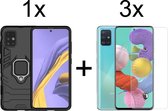 Samsung A51 Hoesje - Samsung Galaxy A51 hoesje Armor Case Zwart Kickstand Ring shock proof magneet - 3x Samsung A51 Screenprotector