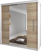 InspireMe- Zweefdeurkast Kledingkast met Spiegel Garderobekast met planken en kledingstang - 204x58x218 cm (BxDxH) -NICO (Wit+Sonoma)