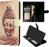 Casemania Hoesje Geschikt voor Samsung Galaxy A12 met Print - Portemonnee Book Case - Kaarthouder & Magneetlipje - Buddha Goud