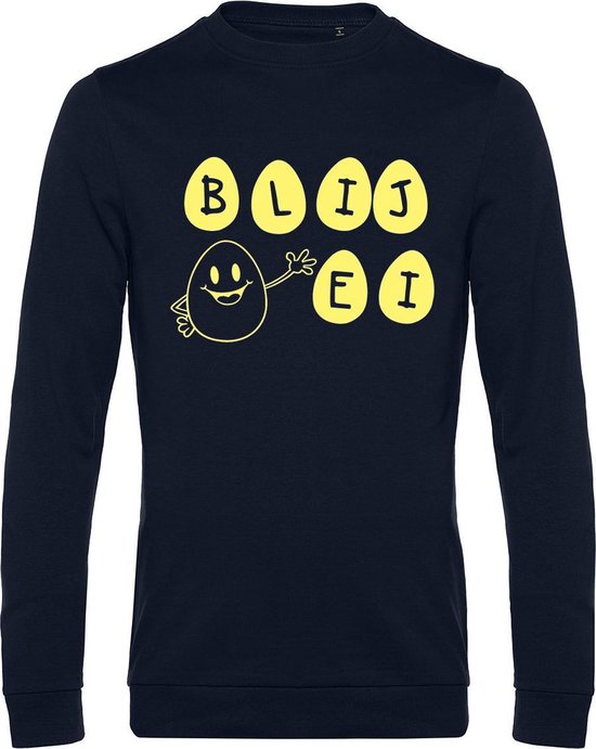 Sweater met opdruk “Blij Ei”, Zwarte sweater met gele opdruk – Prima pasvorm en fijne kwaliteit.