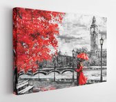 Oil on canvas, London street. Artwork. I'm the husband. Man and woman under a red umbrella. Tree. England. Bridge and River  - Modern Art Canvas - Horizontal -559875394 - 50*40 Hor