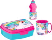 Unicorn brooddoos (17 cm - 13 cm - 6 cm) + drinkbeker (9cm hoog - 350 ml) + Drinkfles (18 cm hoog - 400 ml)