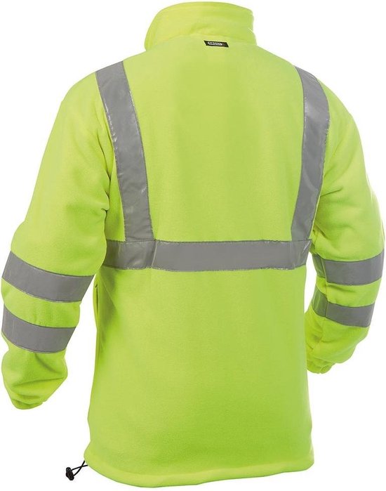 Achterkant van gele fleece werkjas met rits, reflecterende banden over schouders en mouwen.