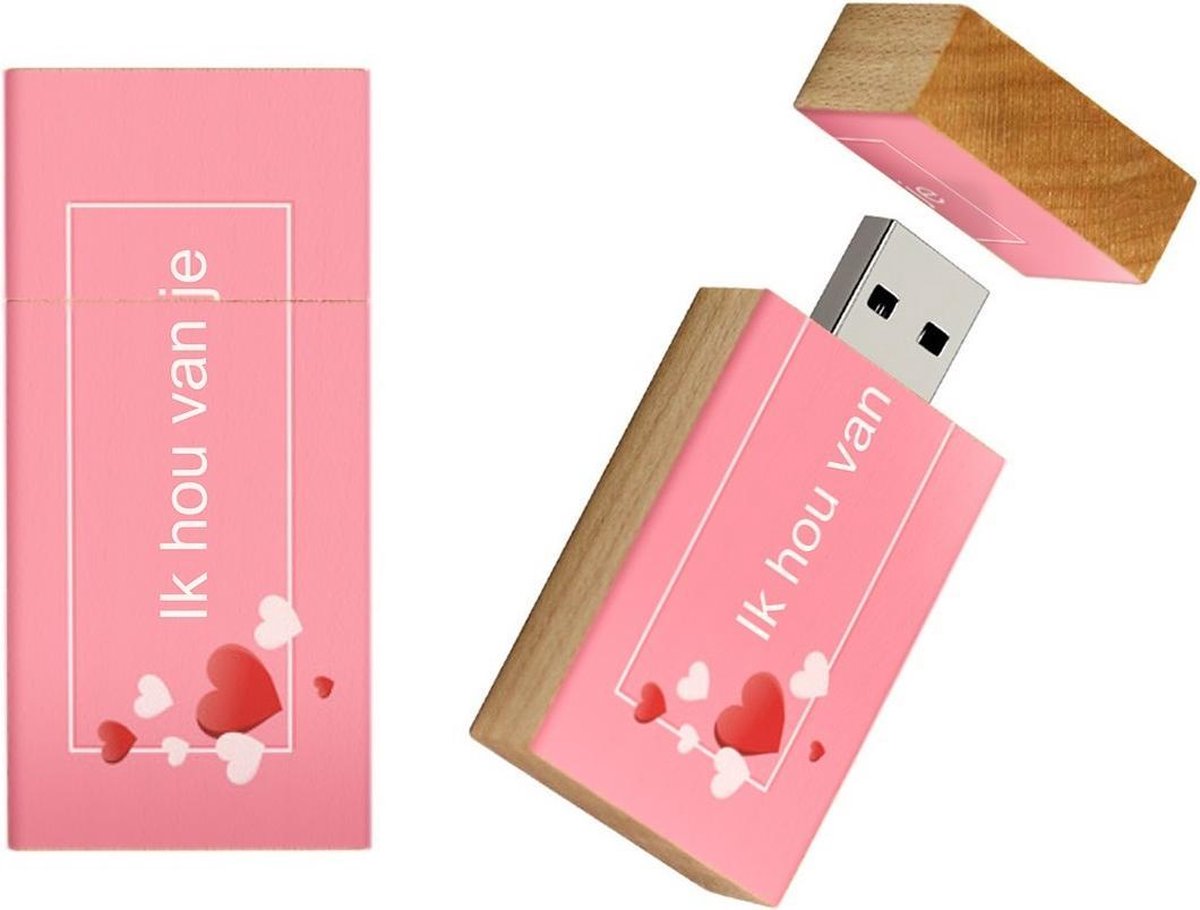 Ik hou van jou hout rechthoek usb stick 16gb model 1019 – Valentijnsdag cadeau, Liefde cadeau, I love you, valentijn cadeautje,