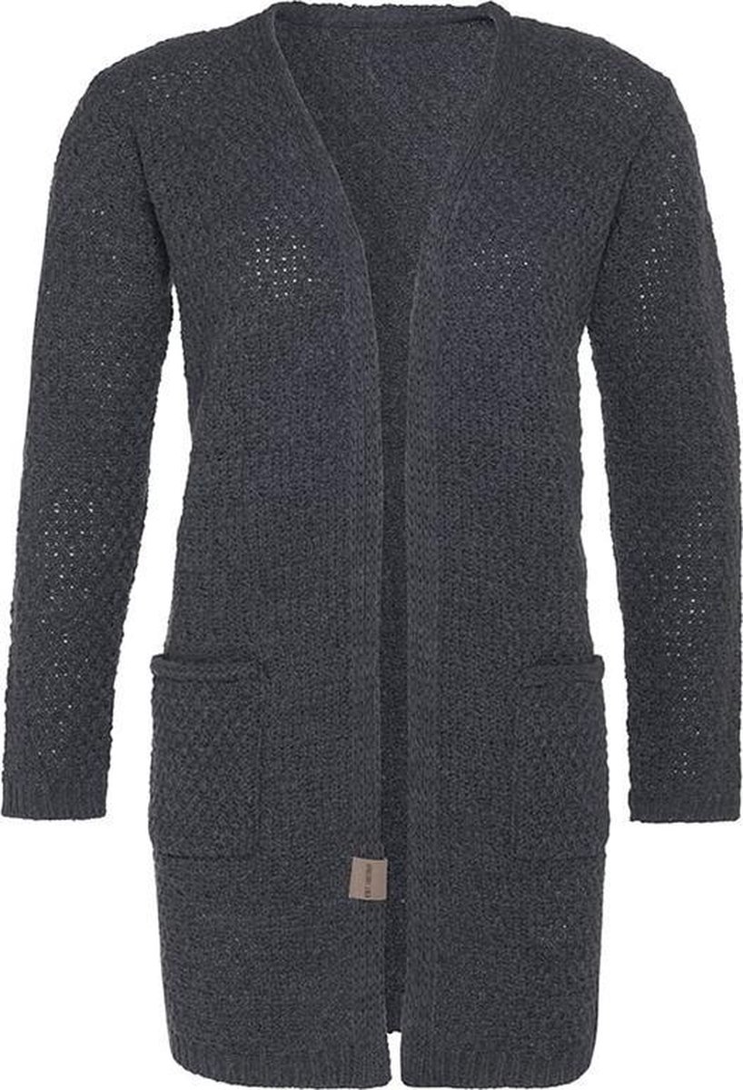 Knit Factory Luna Gebreid Vest Antraciet - Gebreide dames cardigan - Middellang vest reikend tot boven de knie - Donkergrijs damesvest gemaakt uit 30% wol en 70% acryl - 40/42 - Met steekzakken