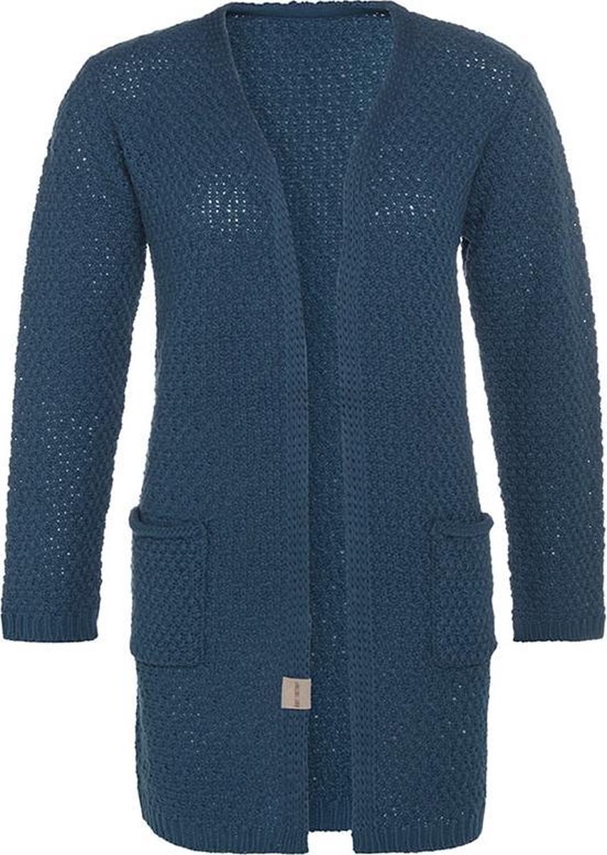 Knit Factory Luna Gebreid Vest Petrol - Gebreide dames cardigan - Middellang vest reikend tot boven de knie - Donkerblauw damesvest gemaakt uit 30% wol en 70% acryl - 40/42 - Met steekzakken