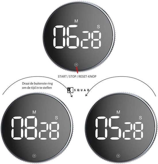 Drie weergaven van een ronde digitale timer: 06:28, 08:28, en 05:28. Instructie om de buitenste ring te draaien om tijd in te stellen.