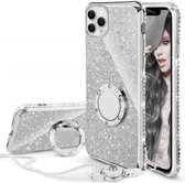 Apple iPhone 12 Back Cover Telefoonhoesje | Glitter | Met Ring Houder | Zilver | TPU Hoesje
