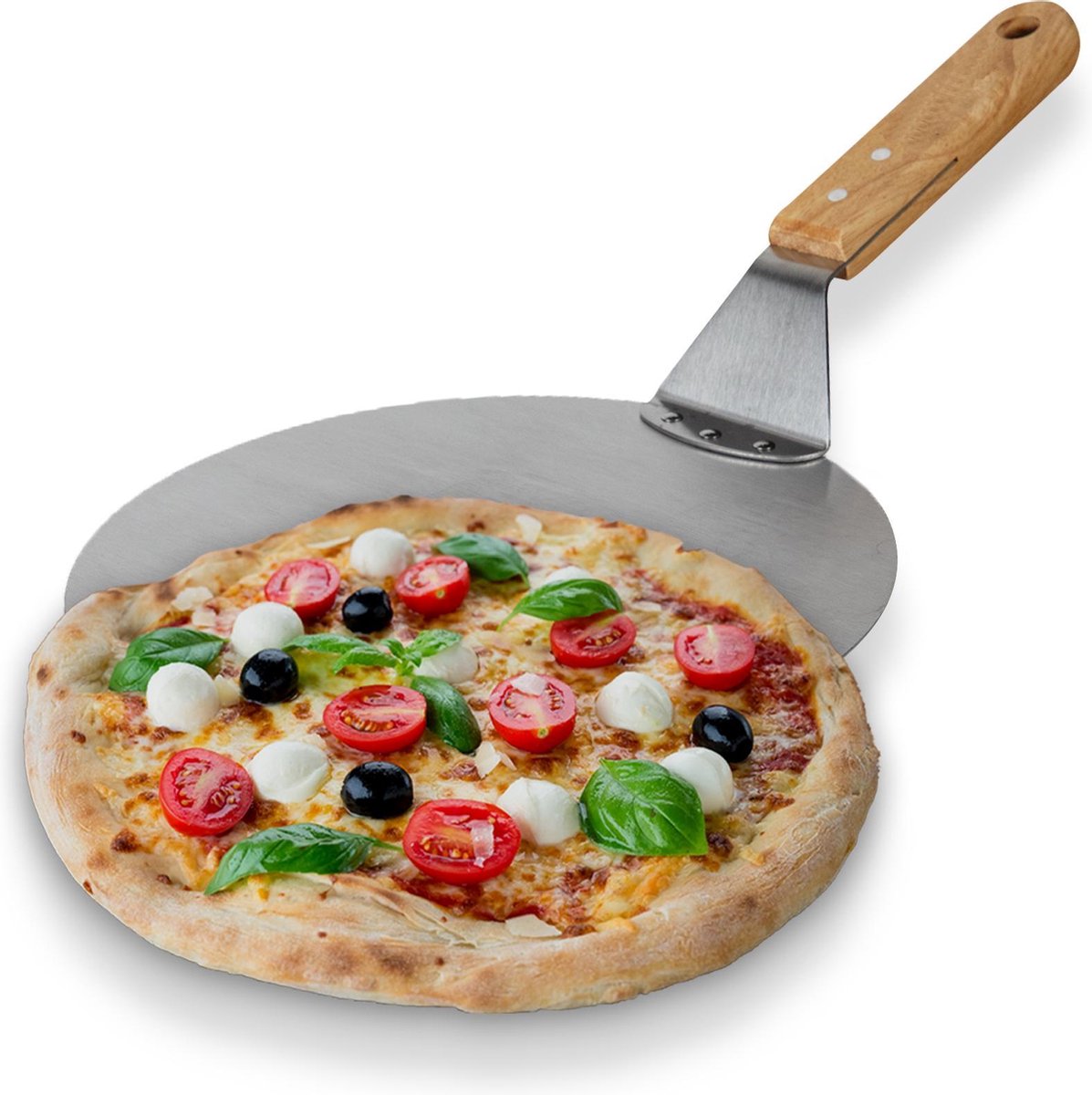Nonna pizzaschep RVS Ø25,5 - Pizzaspatel rond - BBQ of oven - Houten handvat - Lengte: 43 cm