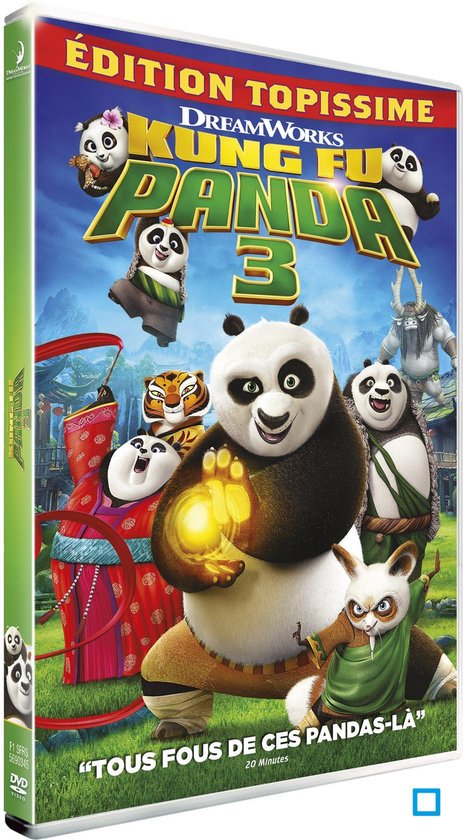 DVD-hoes van Kung Fu Panda 3, met Po, Tigress, Shifu, Li Shan, Kai en Bao.