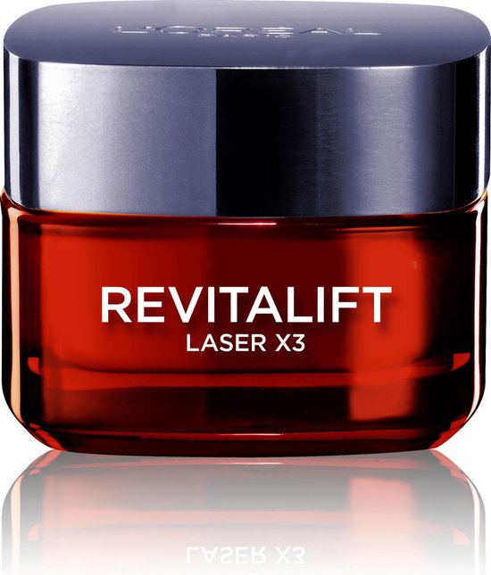 Een potje L'Oréal Revitalift Laser X3 dagcrème met donkerrode glazen behuizing en zilverkleurig deksel.