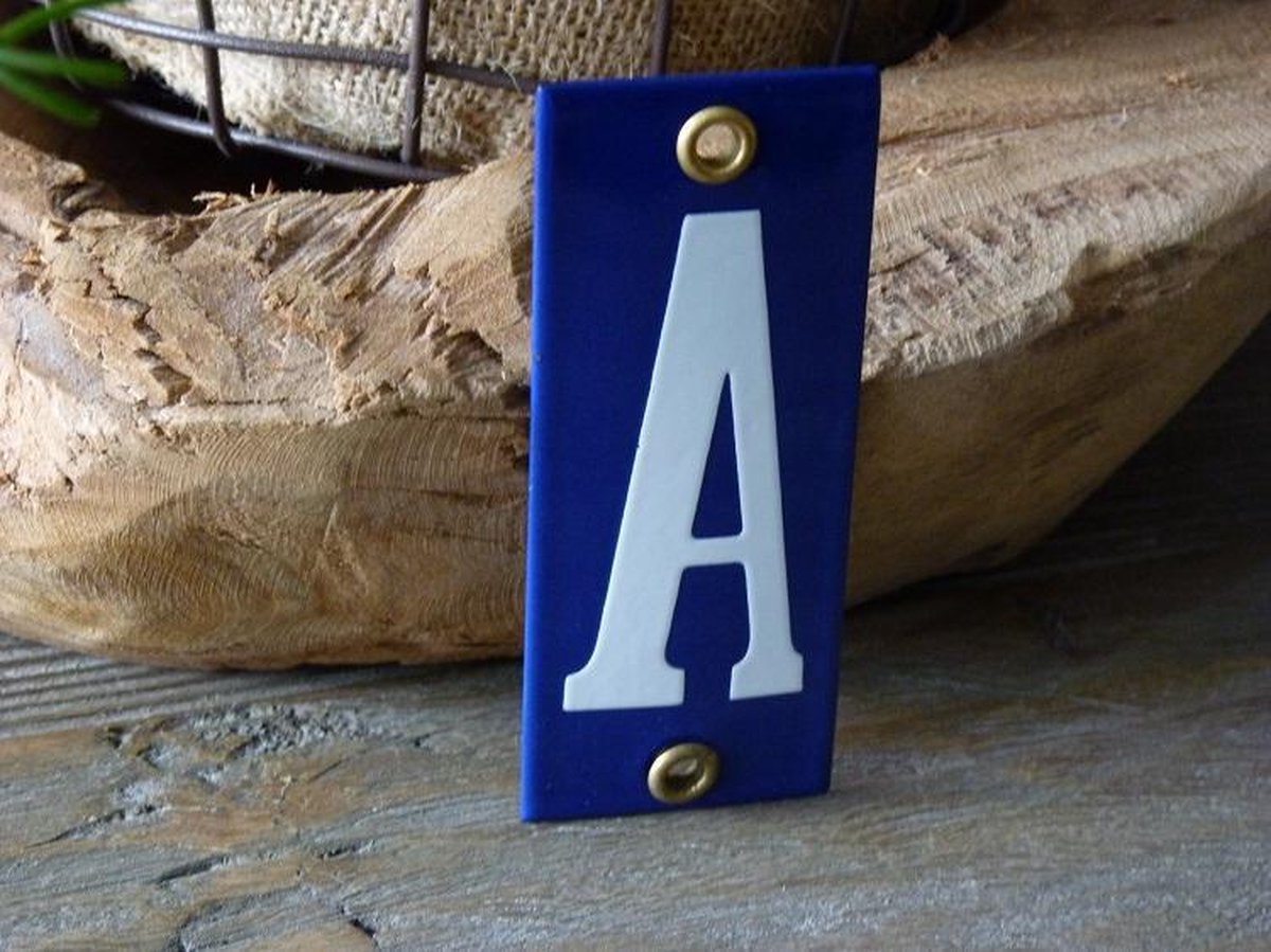 Emaille huisnummer 10x4 blauw/wit letter A