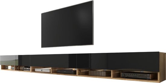 Maison’s Tv meubel – Tv Kast meubel – Tv meubel – Tv Meubels – Tv meubels Hout – Eiken hout – Bruin – Zwart – LED Verlichting – Wander – 300x30x32,5