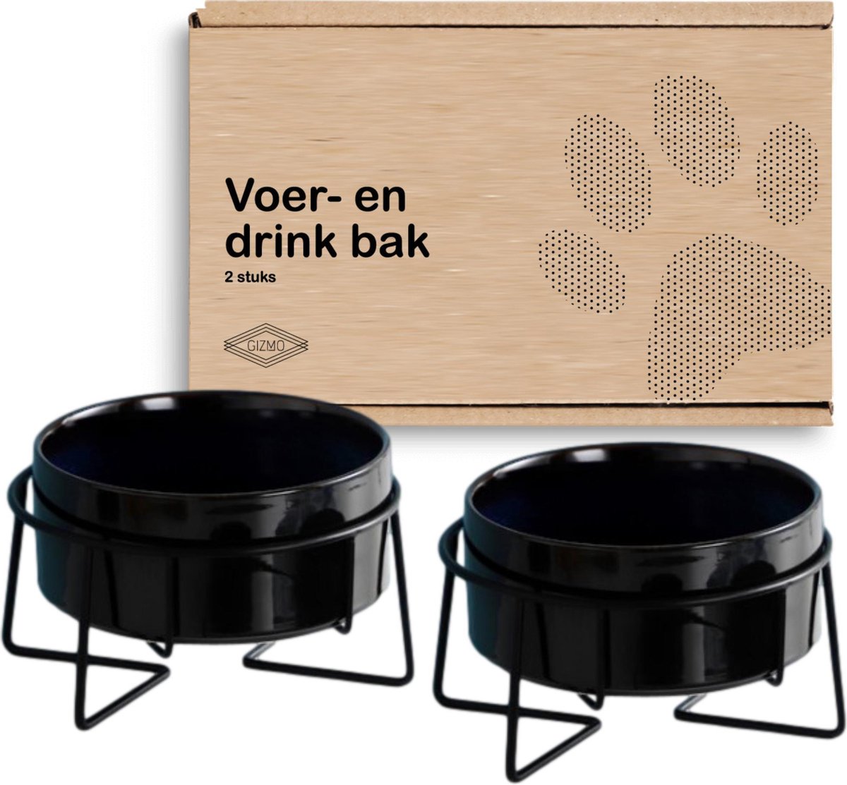 GIZMO 2x Voerbak Kat - 400 ml - Zwart/Blauw - Keramische Drink- & Voerbakken met Standaard - 13 cm -
