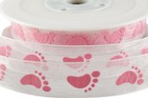 Geboorte Baby Lint 15mm (1,5cm) | Organza Lint | Geboorte Meisje |  Baby Voetjes | Wit Roze | Cadeaulint | Rol: 20 Meter