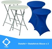 Statafel x 2 + Blauw Statafelrok x 2 – 80 cm Dia x 110 cm hoog – Cocktailtafel – Hoge staan tafel – Breed Blad – Inclusief Blauw Statafelhoes – Staantafelrok Stretch Rok