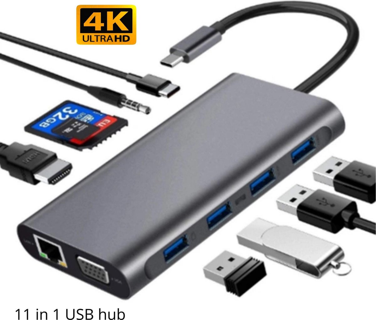 11 In 1 Usb C Hub 4 X Usb 3 0 A Usb Splitter Ethernet 4k Hdmi Vga Rj 45 Bol Com
