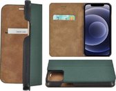 iPhone 12 Mini hoesje - Bookcase - Portemonnee Hoes Ultra dun Echt leer Wallet case Dennengroen