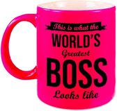 Worlds Greatest Boss cadeau koffiemok / theebeker neon roze 330 ml