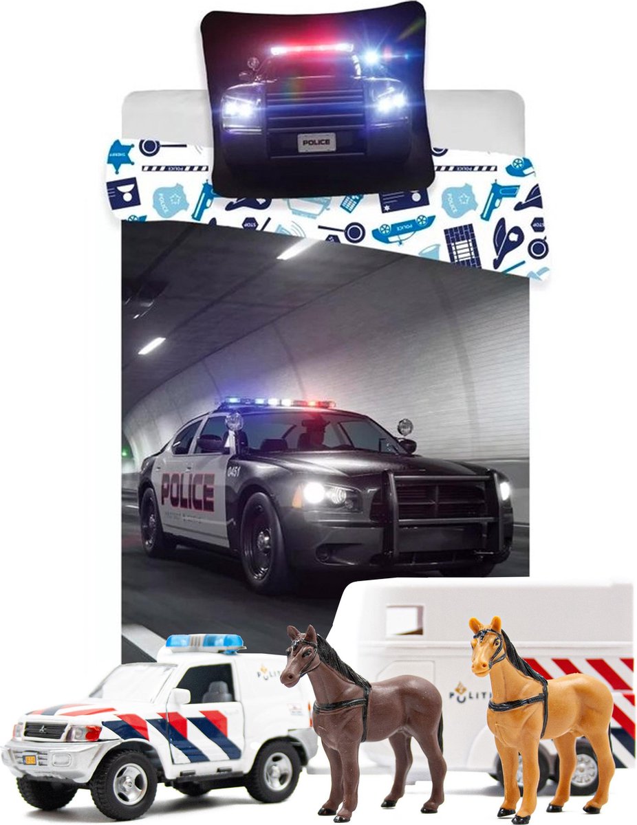 Dekbedovertrek Politie auto 140 x 200 cm-1persoons-100% katoen-Jongens dekbed , incl. speelgoed Politieauto paardentrailer
