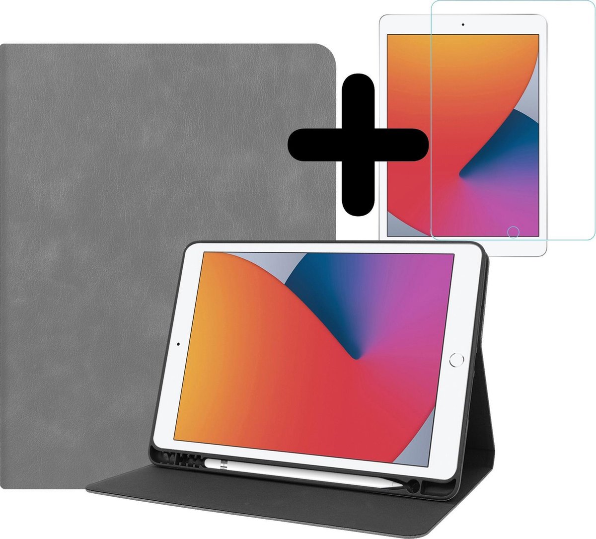 Hoesje - Geschikt voor Apple iPad 7/8 (2019/2020) - 10.2 inch - 7e/8e Generatie - Met Screenprotector - Luxe Bookcase Hoes - Hard Cover Case - Met Uitsparing Geschikt voor Apple Pencil - Hardcover Book - Tablethoes - Grijs