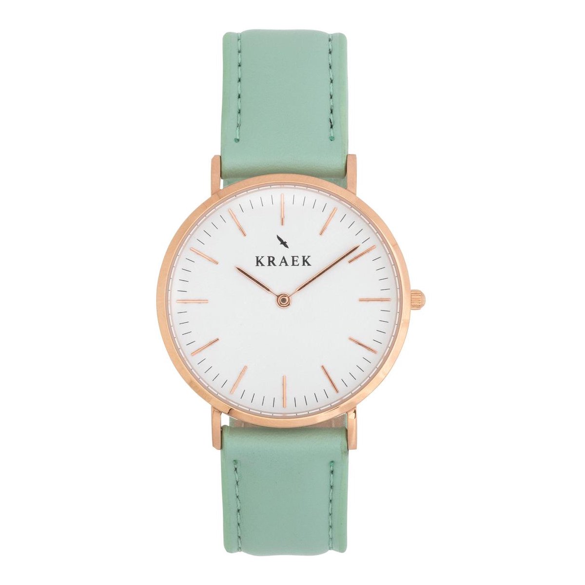 KRAEK Adeline Rosé Goud Wit 36 mm | Dames Horloge | Groen Leren Horlogebandje | Rond | Minimaal Design
